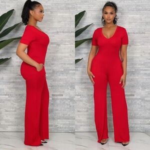 Vibrant Red Palazzo Jumpsuit with Flutter Sleeves